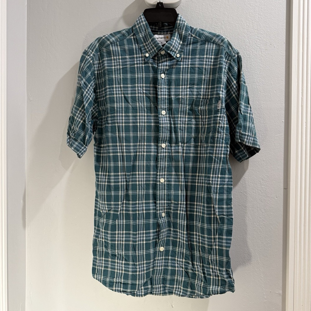 Carhartt Mens Plaid Short Sleeve Button Up Shirt Green White Casual Workwear M